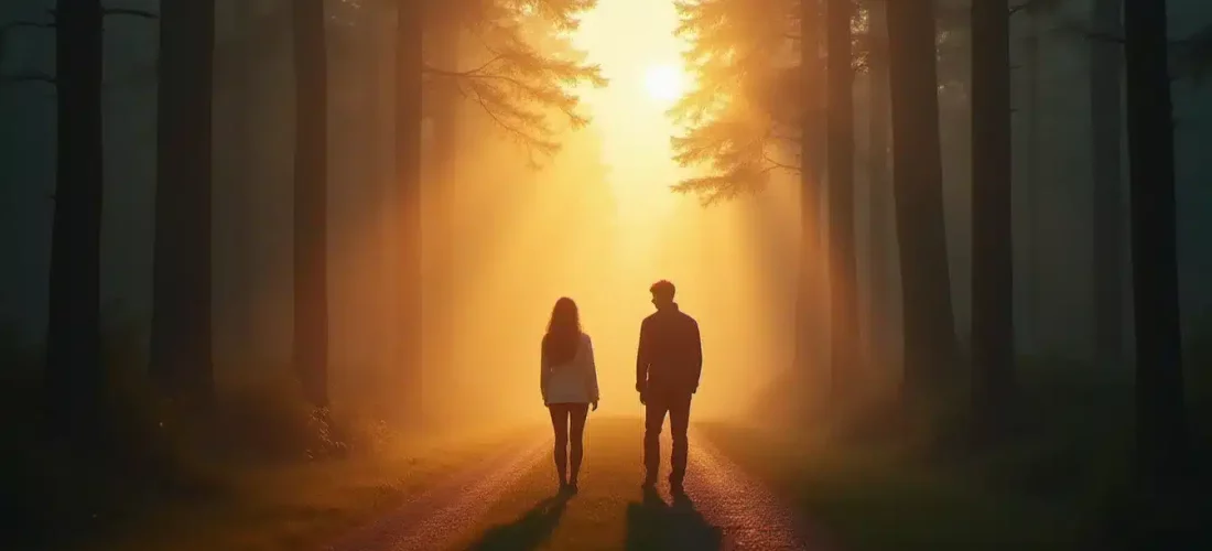 Deux silhouettes séparées sur un chemin forestier brumeux à l'aube, illustrant l'amour du runner pour le chaser dans la dynamique des flammes jumelles