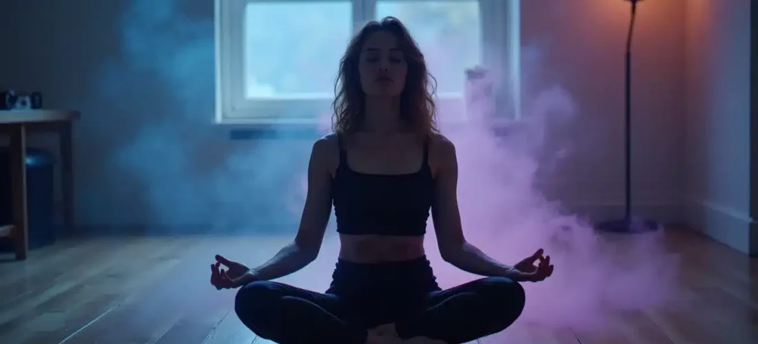Femme en méditation entourée d'un halo lumineux bleu-violet représentant l'aura d'une personne en état de pleine conscience