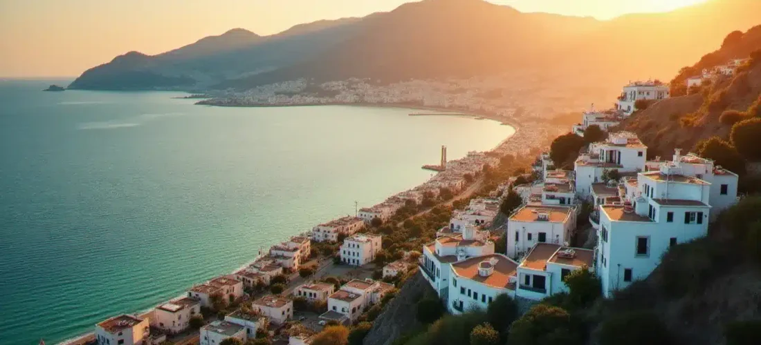 Vue aérienne panoramique de la ville de Béjaïa au coucher du soleil, avec la mer Méditerranée et les montagnes kabyles en arrière-plan, illustrant l'énergie ancestrale et spirituelle d'une naissance à Béjaïa