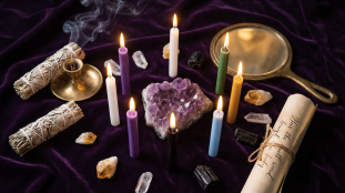 rituels mercure rétrograde autel avec bougies cristaux améthyste
