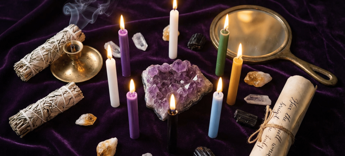rituels mercure rétrograde autel avec bougies cristaux améthyste