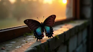 Un papillon noir aux ailes irisées posé sur un appui de fenêtre en pierre à l'aube, illustrant la signification spirituelle du papillon noir