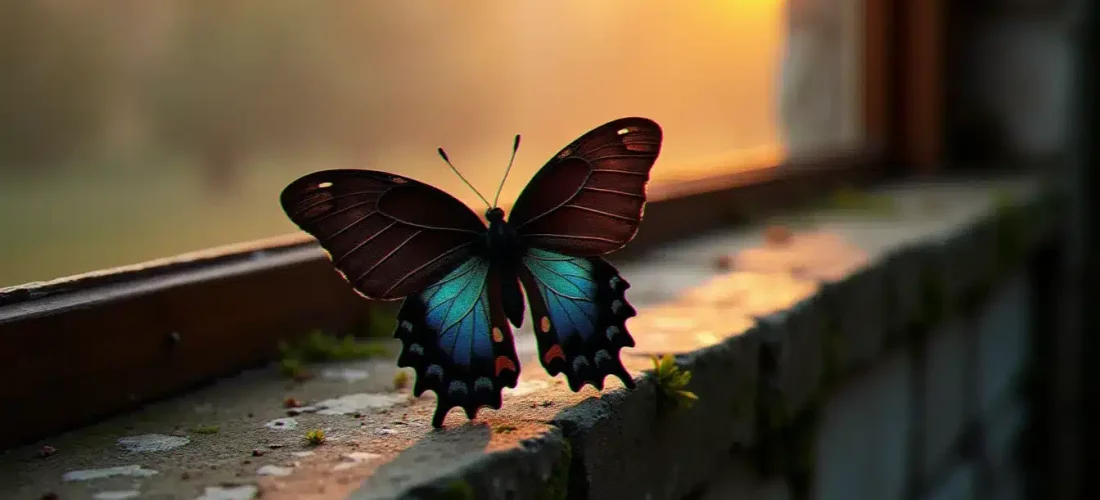 Un papillon noir aux ailes irisées posé sur un appui de fenêtre en pierre à l'aube, illustrant la signification spirituelle du papillon noir