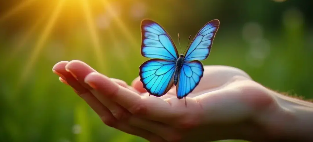Un papillon bleu aux ailes irisées posé sur une main ouverte dans la lumière dorée du matin, symbolisant la papillons bleu signification et le message spirituel de transformation
