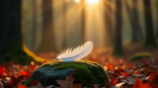 Plume blanche posée sur une pierre couverte de mousse en forêt, illustrant la signification des couleurs de plumes dans un cadre naturel lumineux