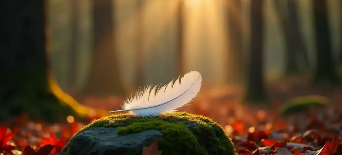 Plume blanche posée sur une pierre couverte de mousse en forêt, illustrant la signification des couleurs de plumes dans un cadre naturel lumineux