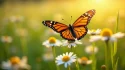 Un papillon monarque aux ailes orangées posé sur une fleur blanche dans une prairie ensoleillée, illustrant la signification du papillon comme symbole de transformation et de renaissance