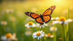 Un papillon monarque aux ailes orangées posé sur une fleur blanche dans une prairie ensoleillée, illustrant la signification du papillon comme symbole de transformation et de renaissance