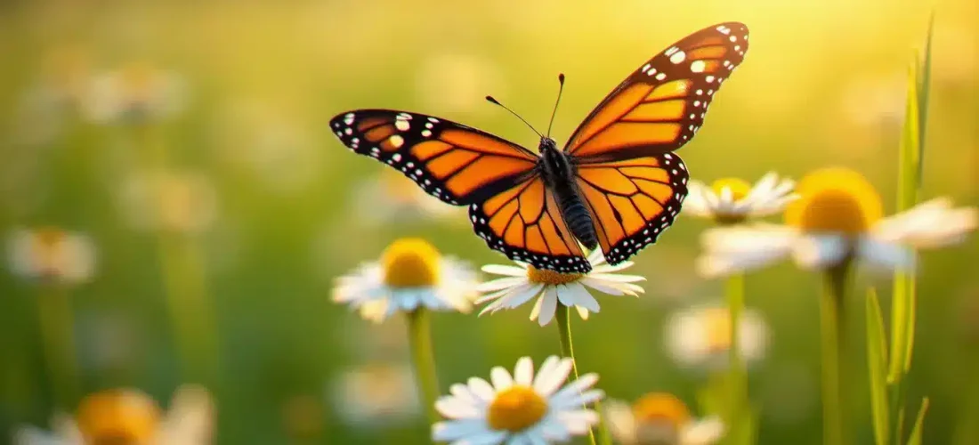 Un papillon monarque aux ailes orangées posé sur une fleur blanche dans une prairie ensoleillée, illustrant la signification du papillon comme symbole de transformation et de renaissance