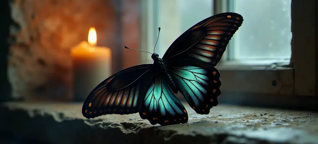 Un papillon noir aux ailes irisées posé sur un rebord de fenêtre en pierre, illustrant la signification du papillon noir comme symbole de transformation spirituelle