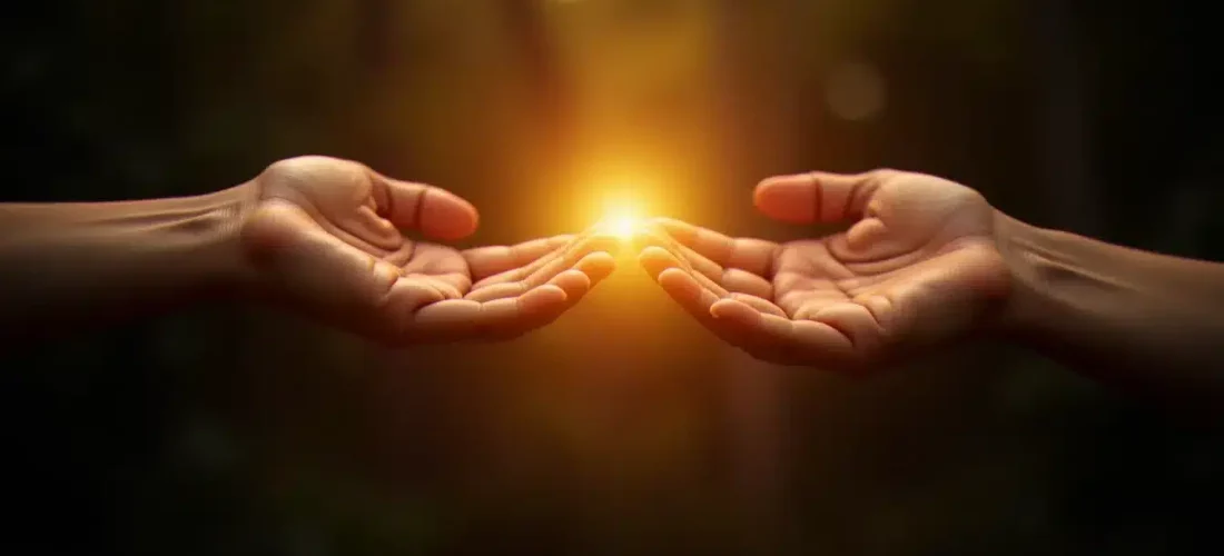 Deux mains qui se frôlent avec une lumière dorée entre elles, symbolisant la connexion spirituelle du test flamme jumelle